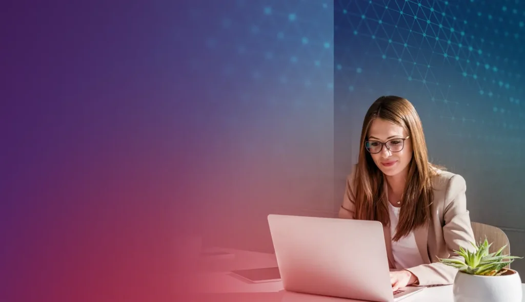 Pink, purple and blue background fades with picture of a woman working at her laptop