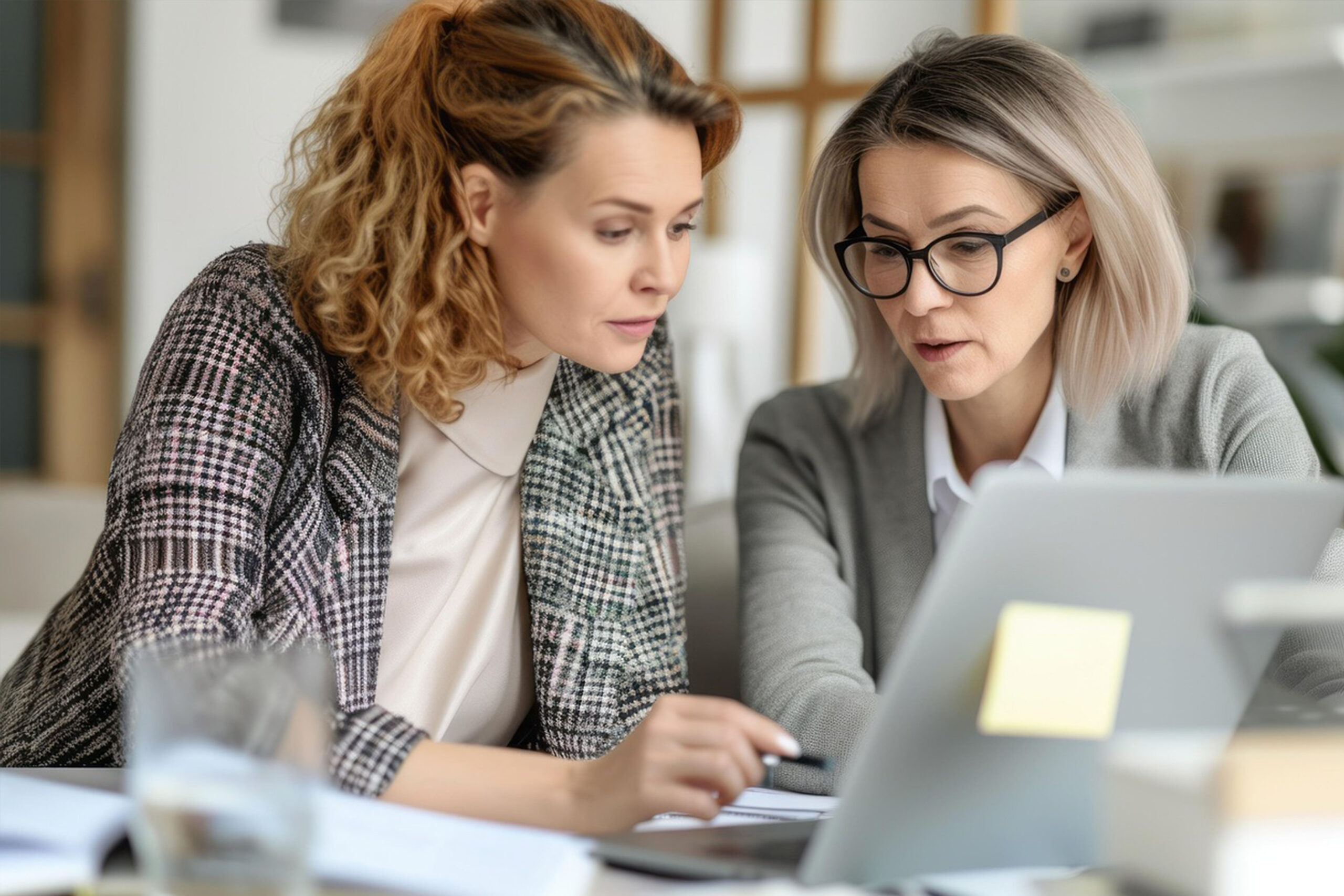Two women work at a laptop together.