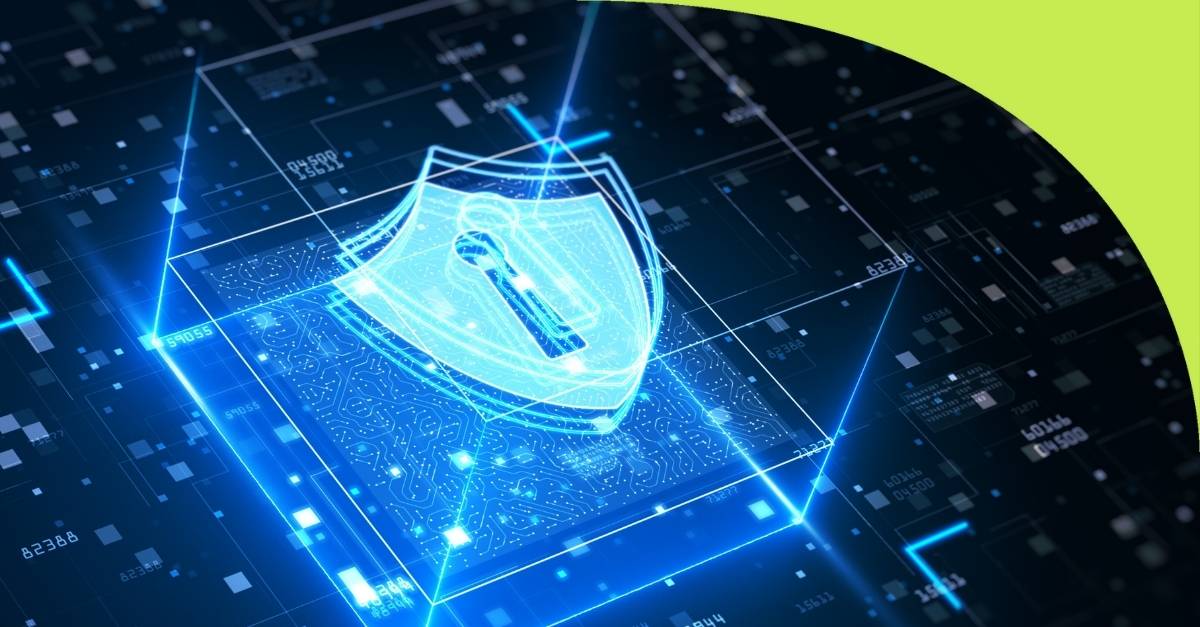 High-tech graphic of a shield with a lock in its center