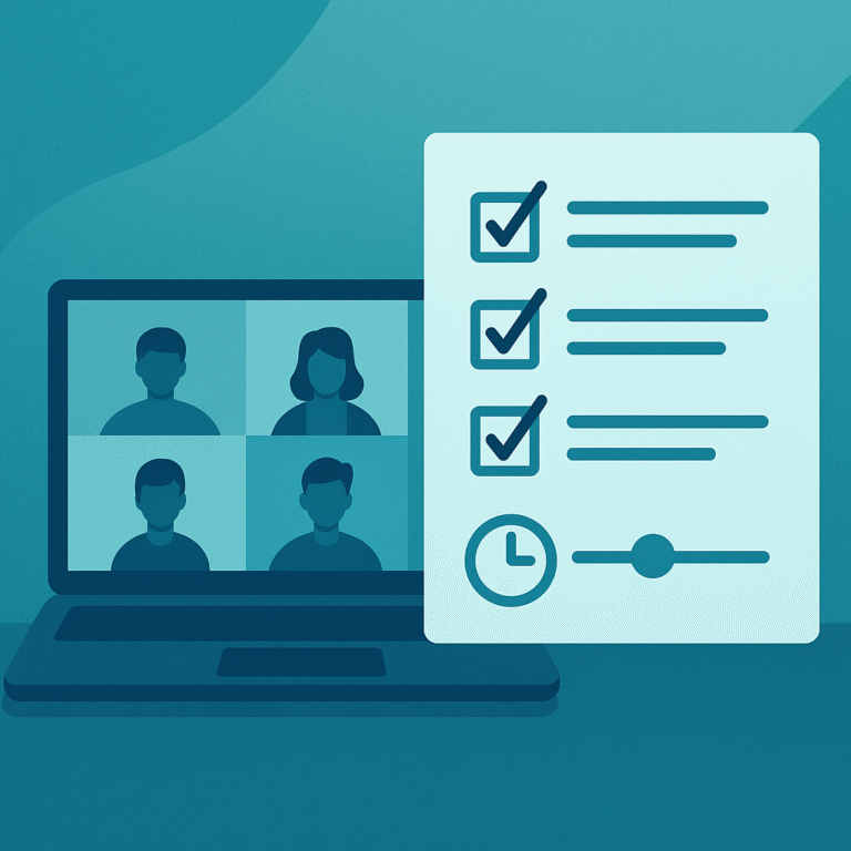 Graph showing a group of people in an online meeting, alongside a box containing a list which represents the meeting summary