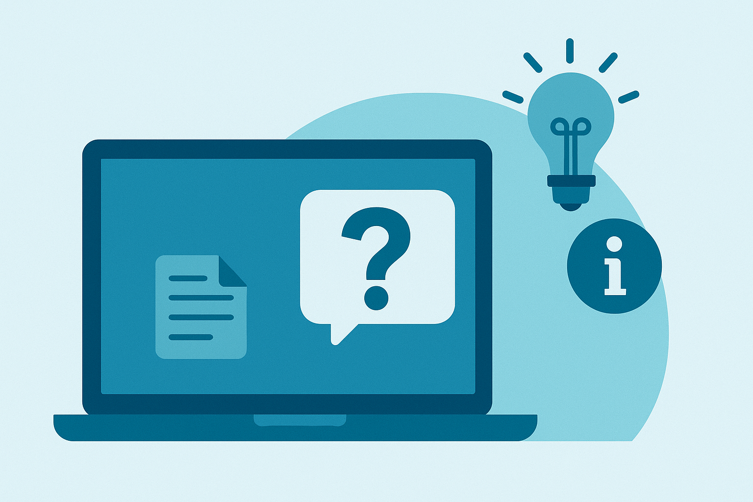Graphic of a computer with a question mark on its screen. Beside it is a lightbulb and an "information" icon.